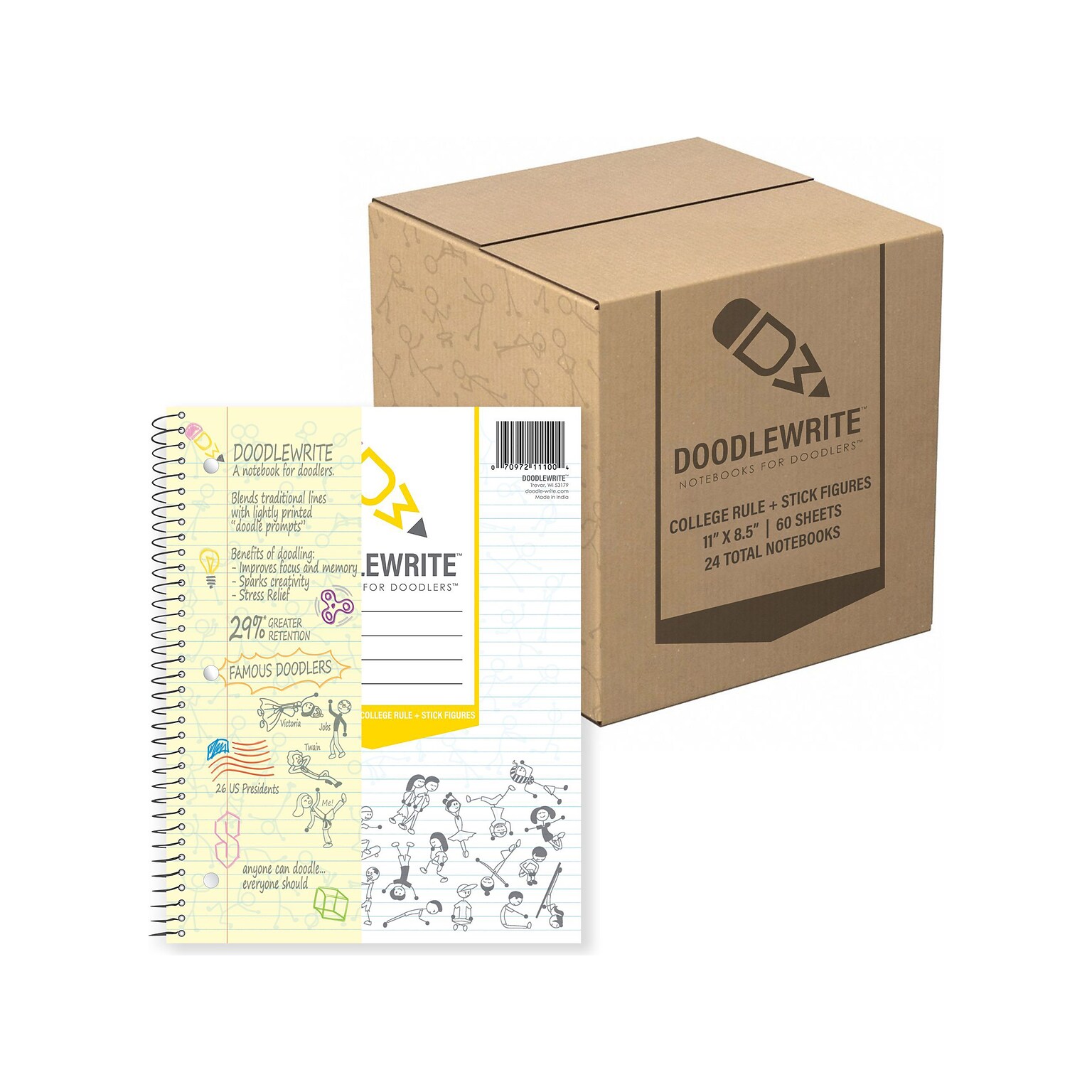 DOODLEWRITE 1-Subject Notebooks, 8.5 x 11, College Ruled, 60 Sheets, White, /Carton (11100CS)