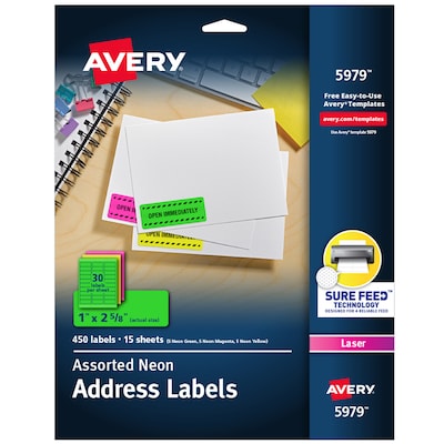 Avery Neon Laser Address Labels, 1 x 2 5/8, Assorted Colors, 30 Labels/Sheet, 15 Sheets/Pack   (597