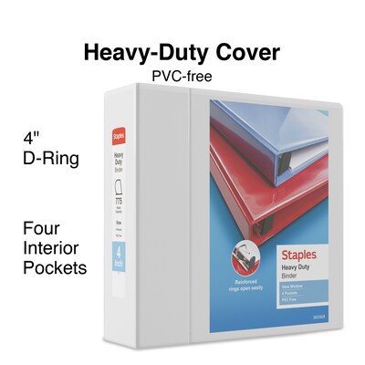 Staples® Heavy Duty 4" 3 Ring View Binder with D-Rings, White, 4/Pack (56266CT/24696CT)
