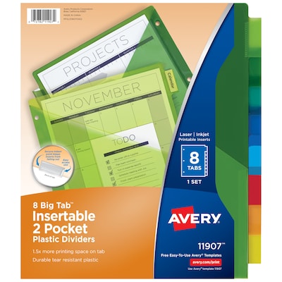 Avery Big Tab Insertable Plastic Dividers with 2 Pockets, 8 Tabs, Multicolor (11907)
