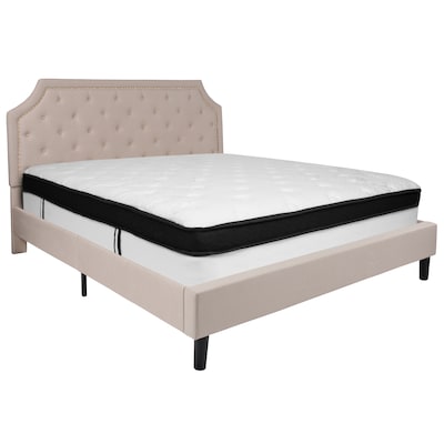 Flash Furniture Brighton Tufted Upholstered Platform Bed in Beige Fabric with Memory Foam Mattress,