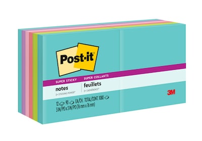 Post-it Super Sticky Notes, 3 x 3, Supernova Neons Collection, 90 Sheet/Pad, 12 Pads/Pack (654-12S