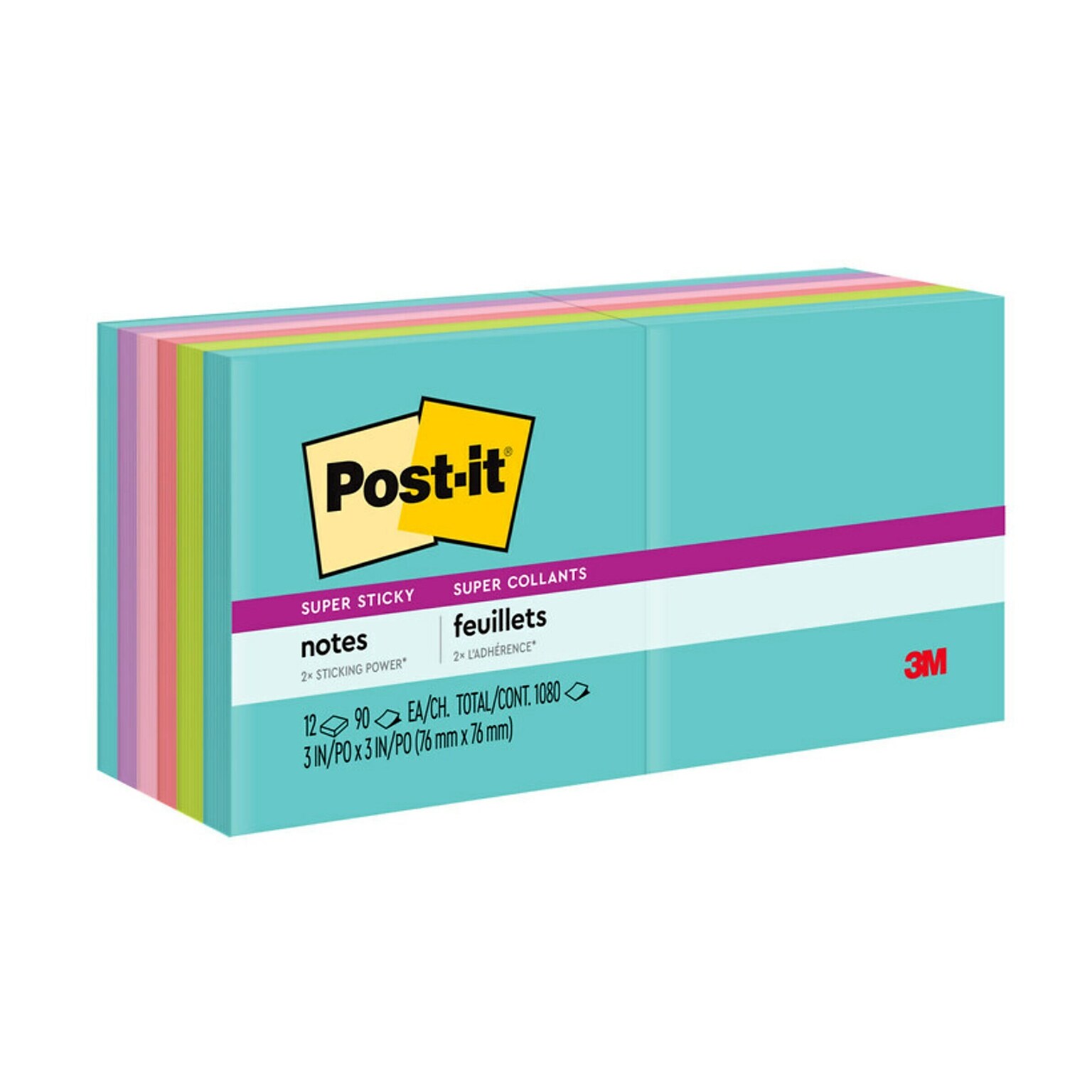 Post-it Super Sticky Notes, 3 x 3, Supernova Neons Collection, 90 Sheet/Pad, 12 Pads/Pack (654-12SSMIA)