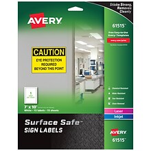 Avery Surface Safe Laser/Inkjet Label Safety Signs, 7 x 10, White, 1 Label/Sheet, 15 Sheets/Pack (