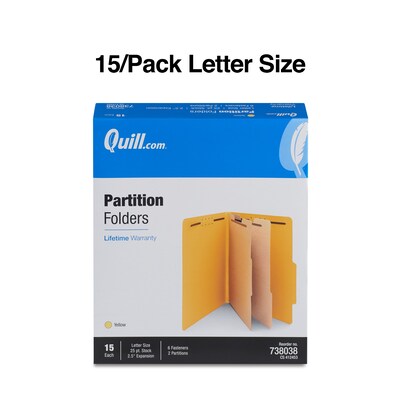 Quill Brand® 2/5-Cut Tab Pressboard Classification File Folders, 2-Partitions, 6-Fasteners, Letter, Yellow, 15/Box (738038)