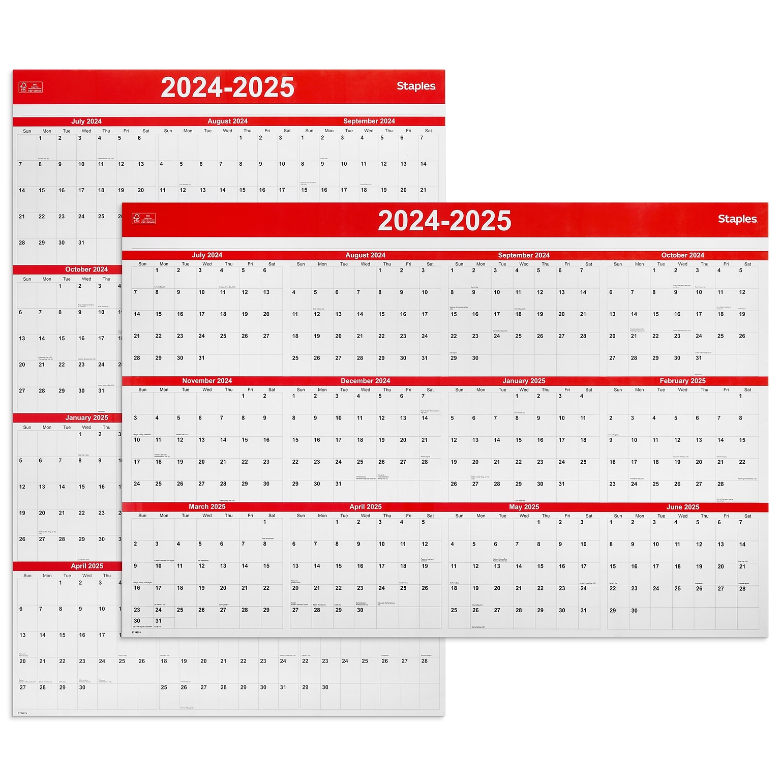 2024-2025 Staples 32 x 48 Academic Yearly Dry-Erase Wall Calendar, Red/White (ST54274-23)