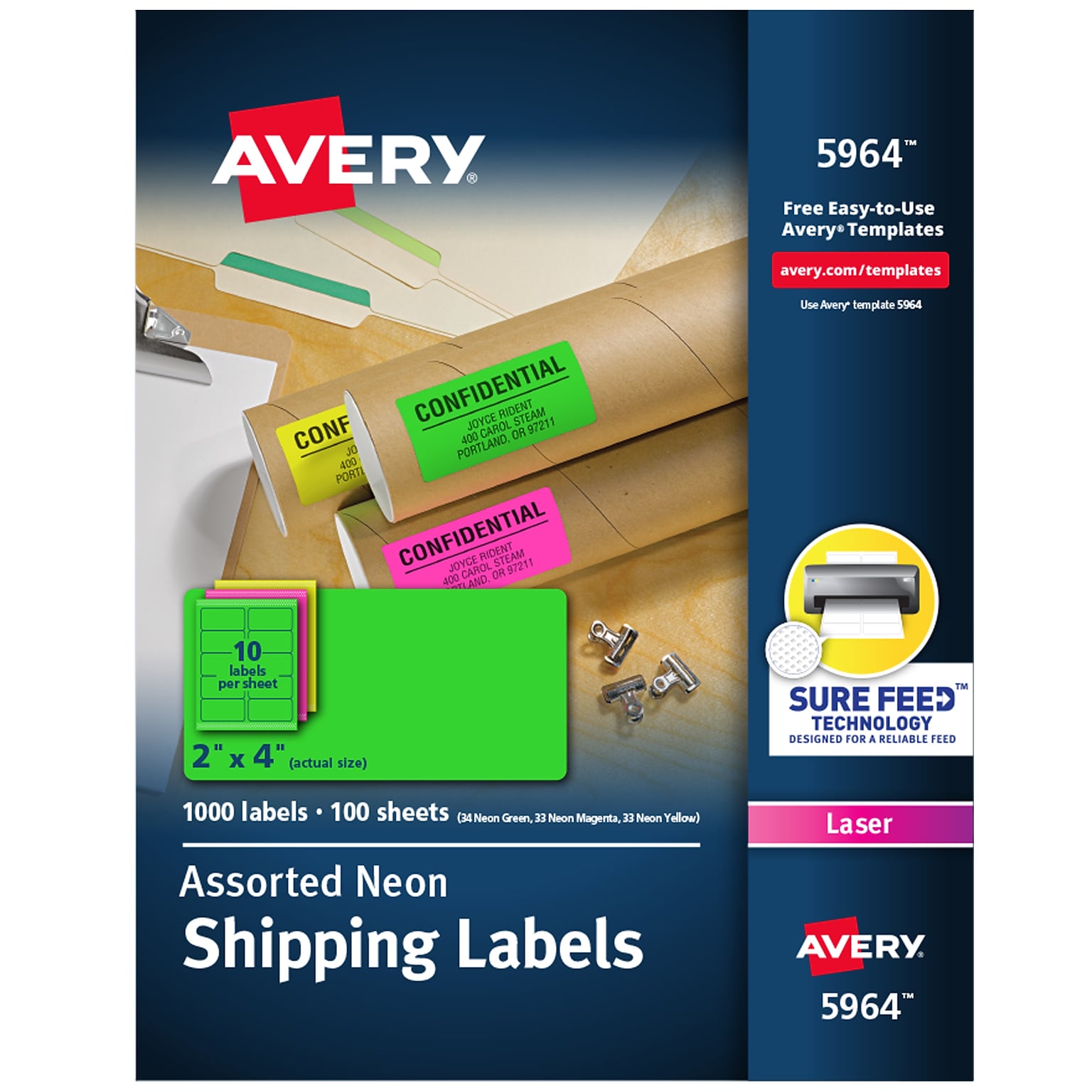 Avery Sure Feed Laser Shipping Labels, 2x 4, Neon Assorted, 10 Labels/Sheet, 100 Sheets/Box (5964)