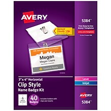 Avery Clip Style Laser/Inkjet Name Badge Kit, 3 x 4, Clear Holders with White Inserts, 40/Box (538