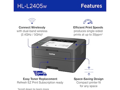 Brother HL-L2405W Wireless Compact Monochrome Laser Printer, Mobile Printing, Refresh Subscription R