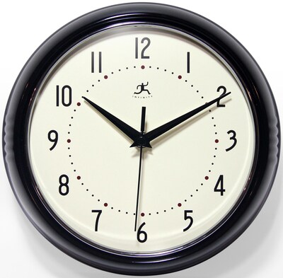 Infinity Instruments Round Retro Wall Clock, Aluminum, 9.5 (10940-BLACK)
