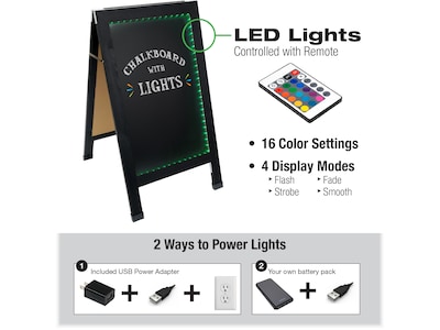 Excello Global Products Indoor/Outdoor Sidewalk LED Chalkboard Sign, 18" x 29", Black (CKB-0013-LED)