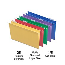 Staples Heavy Duty Hanging File Folders, 1/5-Cut Tab, Legal Size, Assorted Colors, 25/Box (345001)