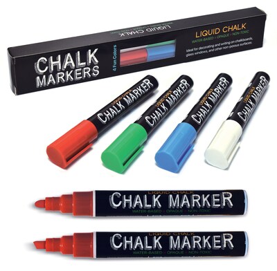 Better Office Products Liquid Washable Chalk Markers, Reversible Tip, Assorted Colors, 4-Pack (00640