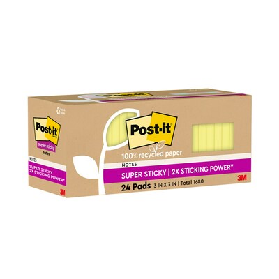 Post-it® 100% Recycled Paper Super Sticky Notes, 3 x 3, Canary Yellow, 70 Sheets/Pad, 24 Pads/Pack