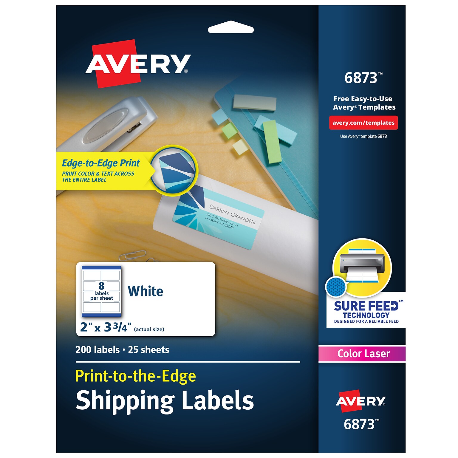 Avery Print-to-the-Edge Color Laser Shipping Labels, 2 x 3-3/4, White, 8 Labels/Sheet, 25 Sheets/Pack   (6873)