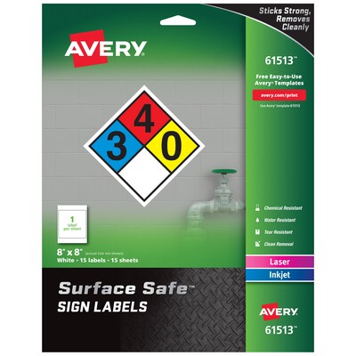 Avery Surface Safe Laser/Inkjet Label Safety Signs, 8 x 8, White, 1 Label/Sheet, 15 Sheets/Pack (6