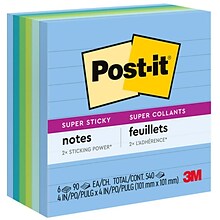 Post-it Recycled Super Sticky Notes, 4 x 4, Oasis Collection, Lined, 90 Sheet/Pad, 6 Pads/Pack (67