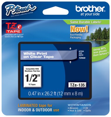 Brother P-touch Laminated Label Maker Tape, 1/2 x 26-2/10, White on Clear (TZE-135)