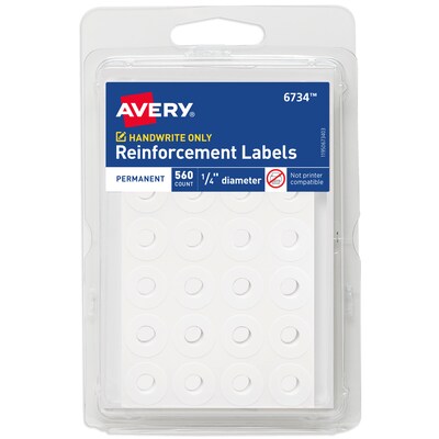 Avery Self-Adhesive Reinforcement Labels on Sheets, 1/4 Diameter, Matte White, 560/Pack (6734)
