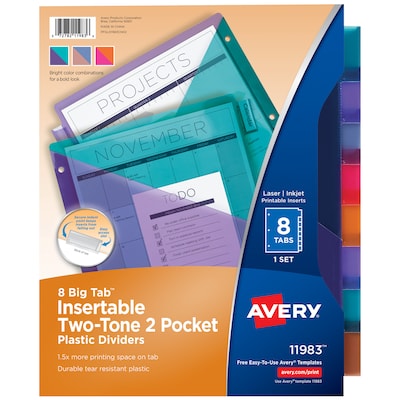 Avery Big Tab Insertable Plastic Dividers with 2 Pockets, 8 Tabs, Two-Tone Multicolor (11983)