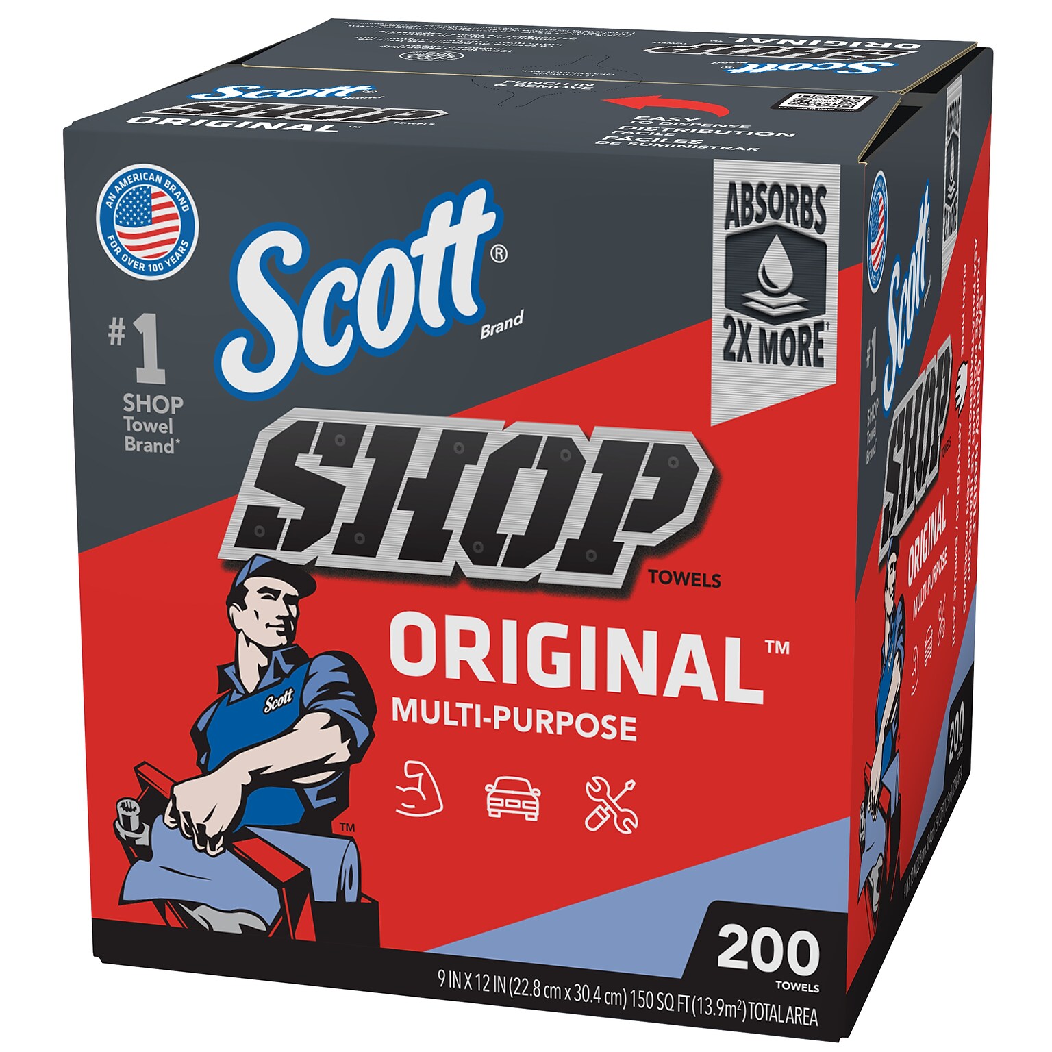 Scott Shop Towels Wipers, Blue, 200 Wipers/Box, 8 Boxes/Carton (75190)