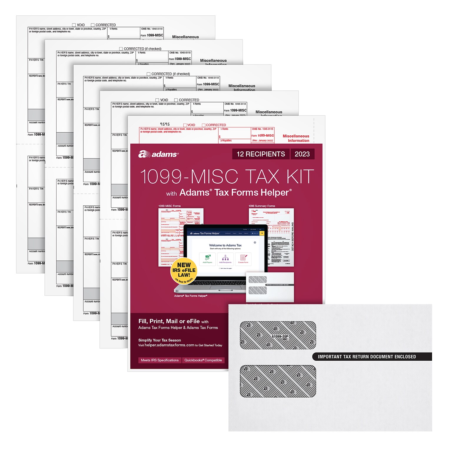 Adams 2023 1099-MISC eFile Tax Forms Kit, w/ Self Seal Envelopes, Access to new Adams Tax Forms Helper, 12/Pack (STAX512MISC-23)