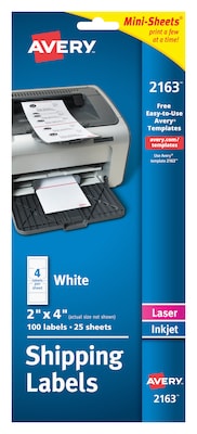 Avery Mini-Sheets Laser/Inkjet Shipping Labels, 2 x 4, White, 4 Labels/Sheet, 25 Sheets/Pack (2163