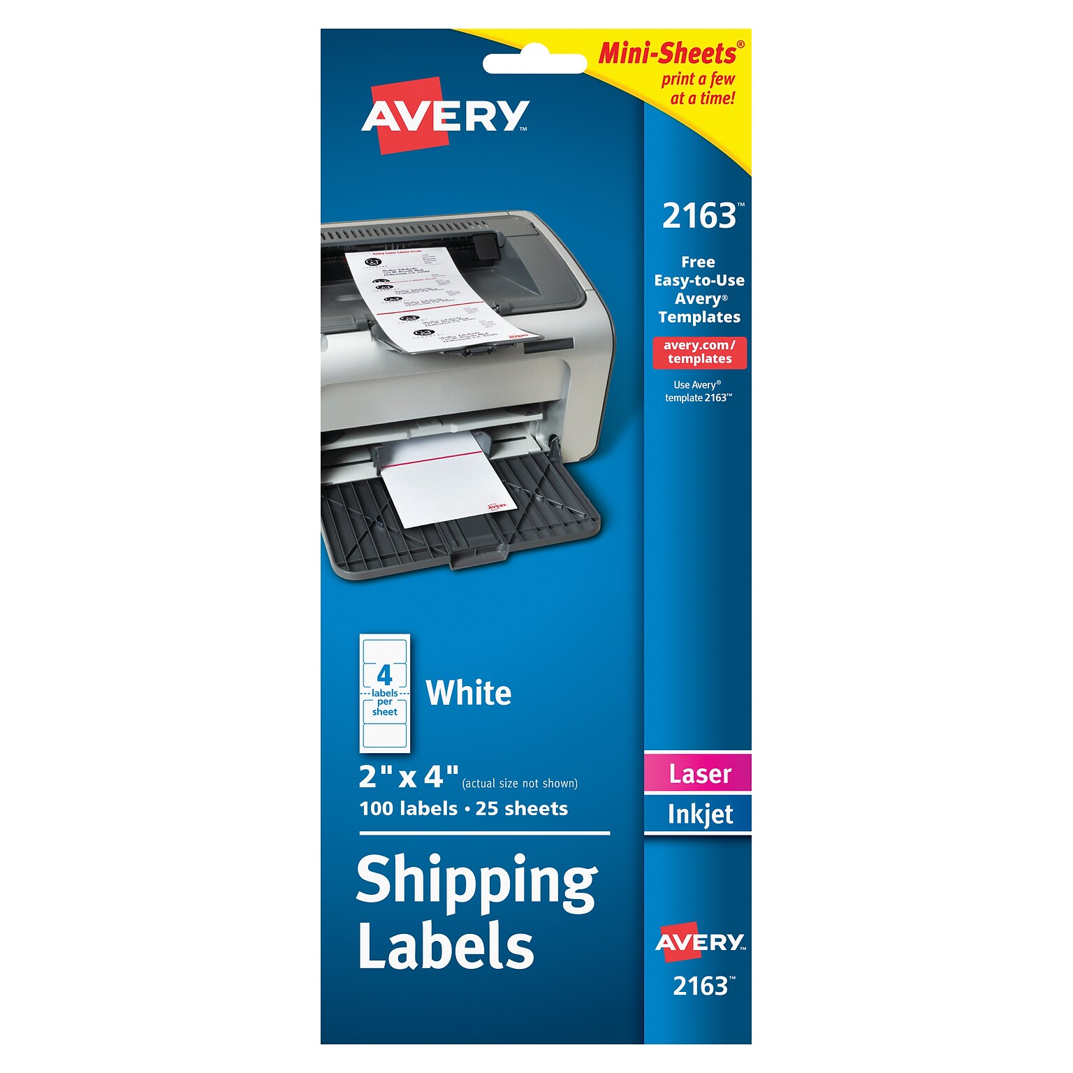 Avery Mini-Sheets Laser/Inkjet Shipping Labels, 2 x 4, White, 4 Labels/Sheet, 25 Sheets/Pack (2163)