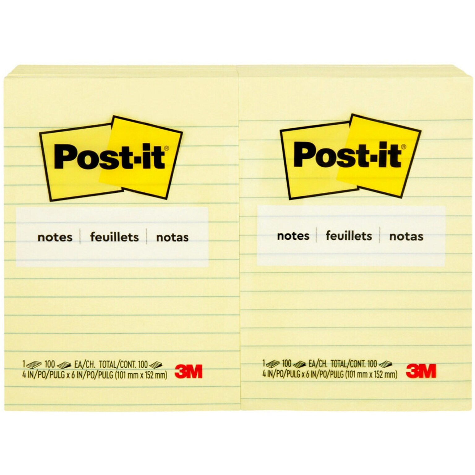 Post-it Notes, 4 x 6, Canary Collection, Lined, 100 Sheet/Pad, 12 Pads/Pack (660YW)