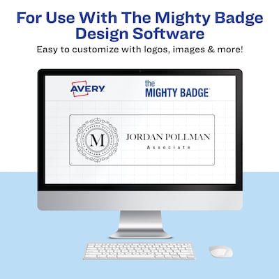 Avery The Mighty Badge Laser Reusable  Magnetic Name Badge System, 1 x 3, Silver, 80 Inserts, 10/P