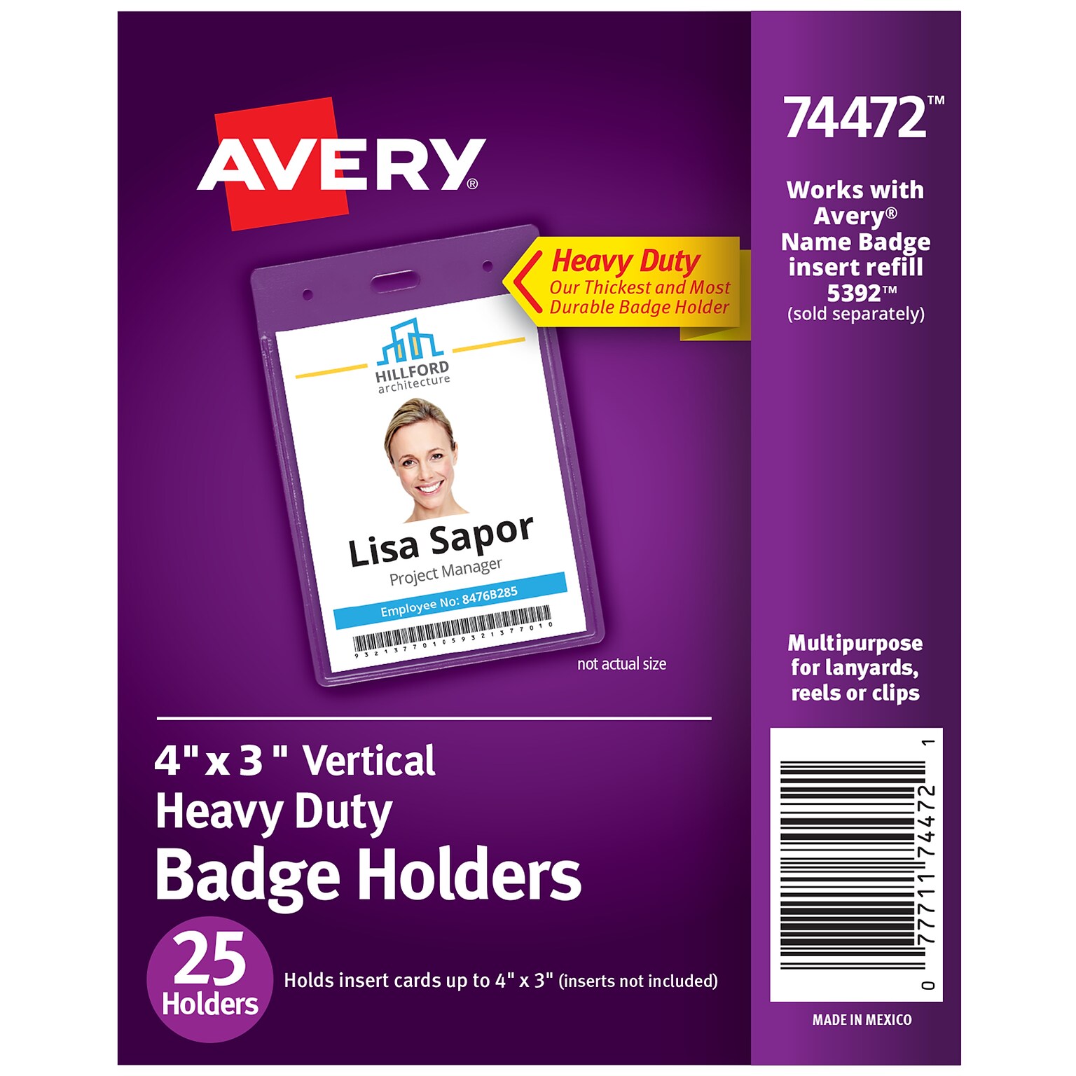 Avery Secure Top Heavy Duty Multiuse Badge Holders, 4 x 3, Clear Portrait Holders, 25/Pack (74472)