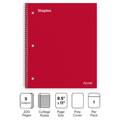 Staples Premium 5-Subject Notebook, 8.5 x 11, College Ruled, 200 Sheets, Red (ST58319)