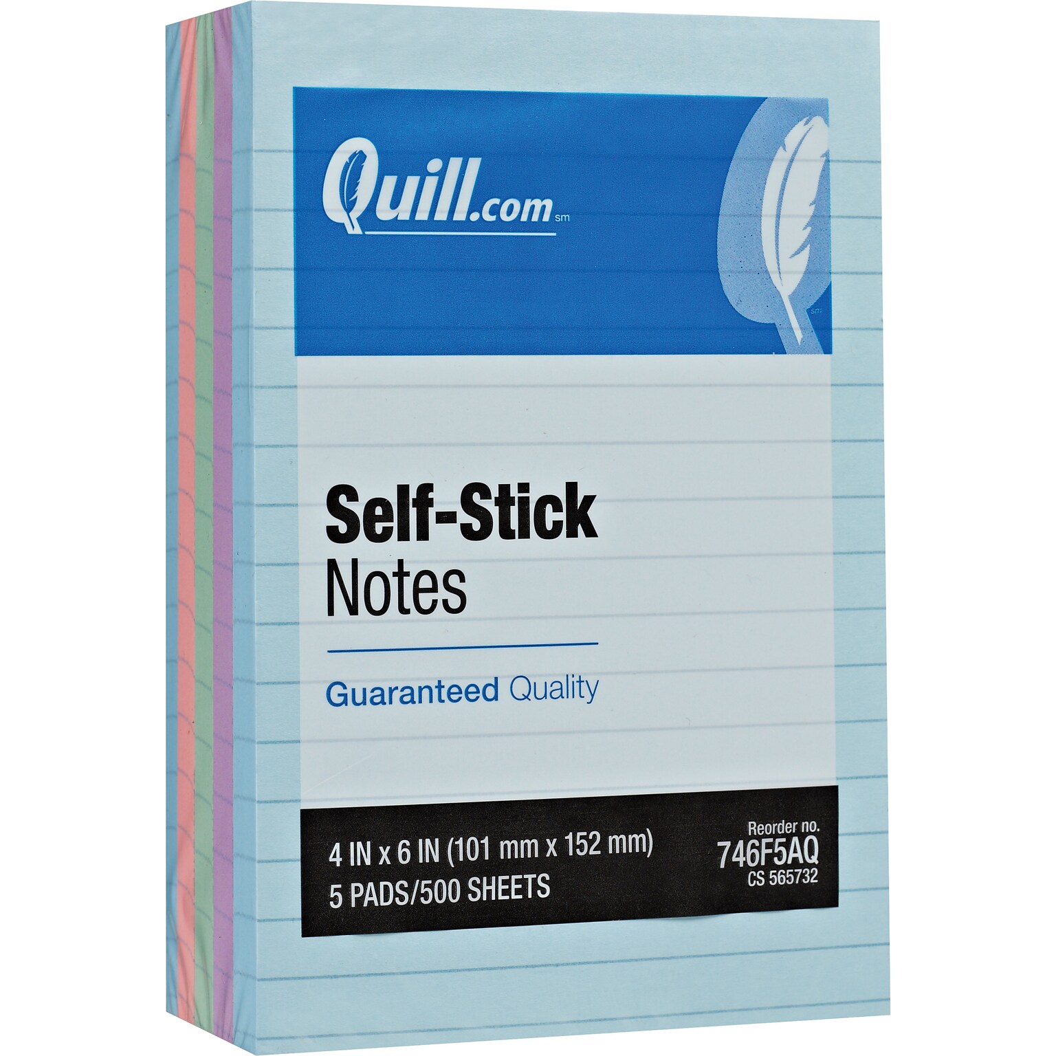 Quill Brand® Self-Stick Notes, 4 x 6, Coastal Pastel Colors, Lined, 100 Sheets/Pad, 5 Pads/Pack (746F5AQ)