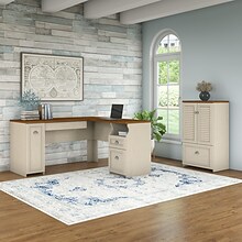 Bush Furniture Fairview 60W L Shaped Desk and 2 Door Storage Cabinet with File Drawer, Antique Whit