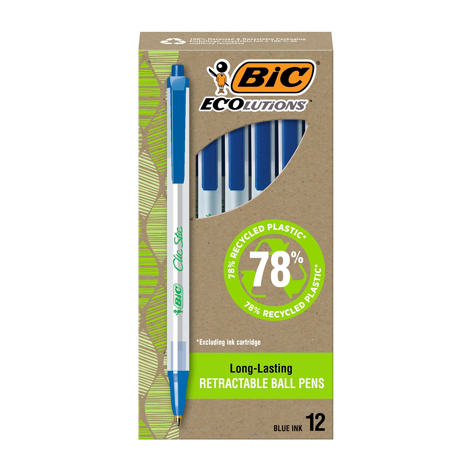 BIC Ecolutions Clic Stic Retractable Ballpoint Pens, Medium Point, Blue Ink, Dozen (CSEM11BE)