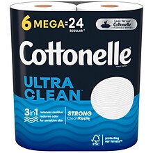 Cottonelle Ultra CleanCare 1-Ply Standard Toilet Paper, White, 312 Sheets/Roll, 6 Mega Rolls/Pack (4