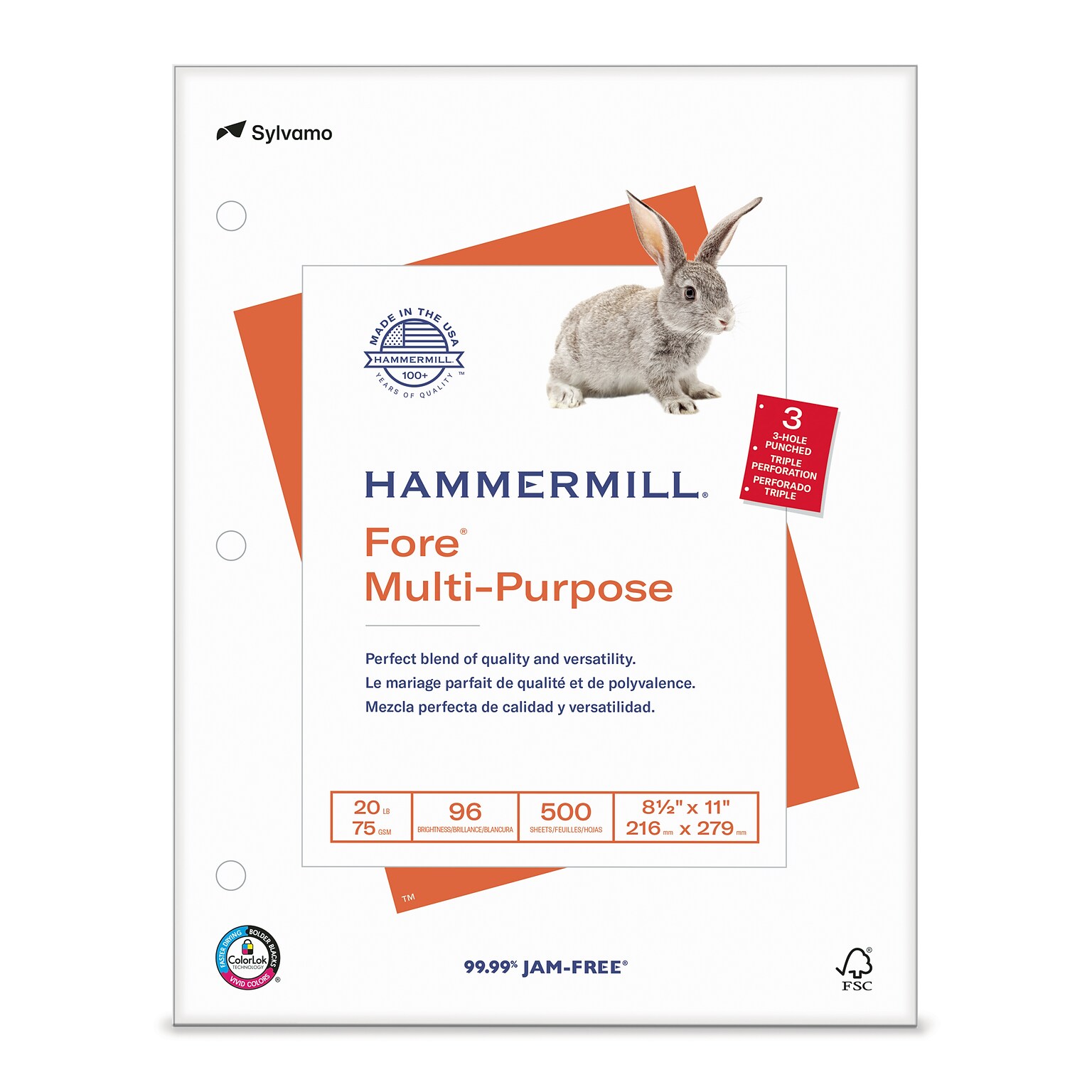 Hammermill Fore 8.5 x 11, 3-Hole Punched  Multipurpose Paper, 20 lbs., 96 Brightness, 500 Sheets/Ream (103275)