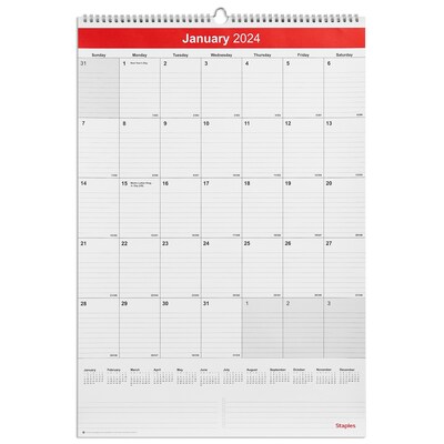 2025 Staples 15 x 22 Wall Calendar, Red/White (ST53925-25)