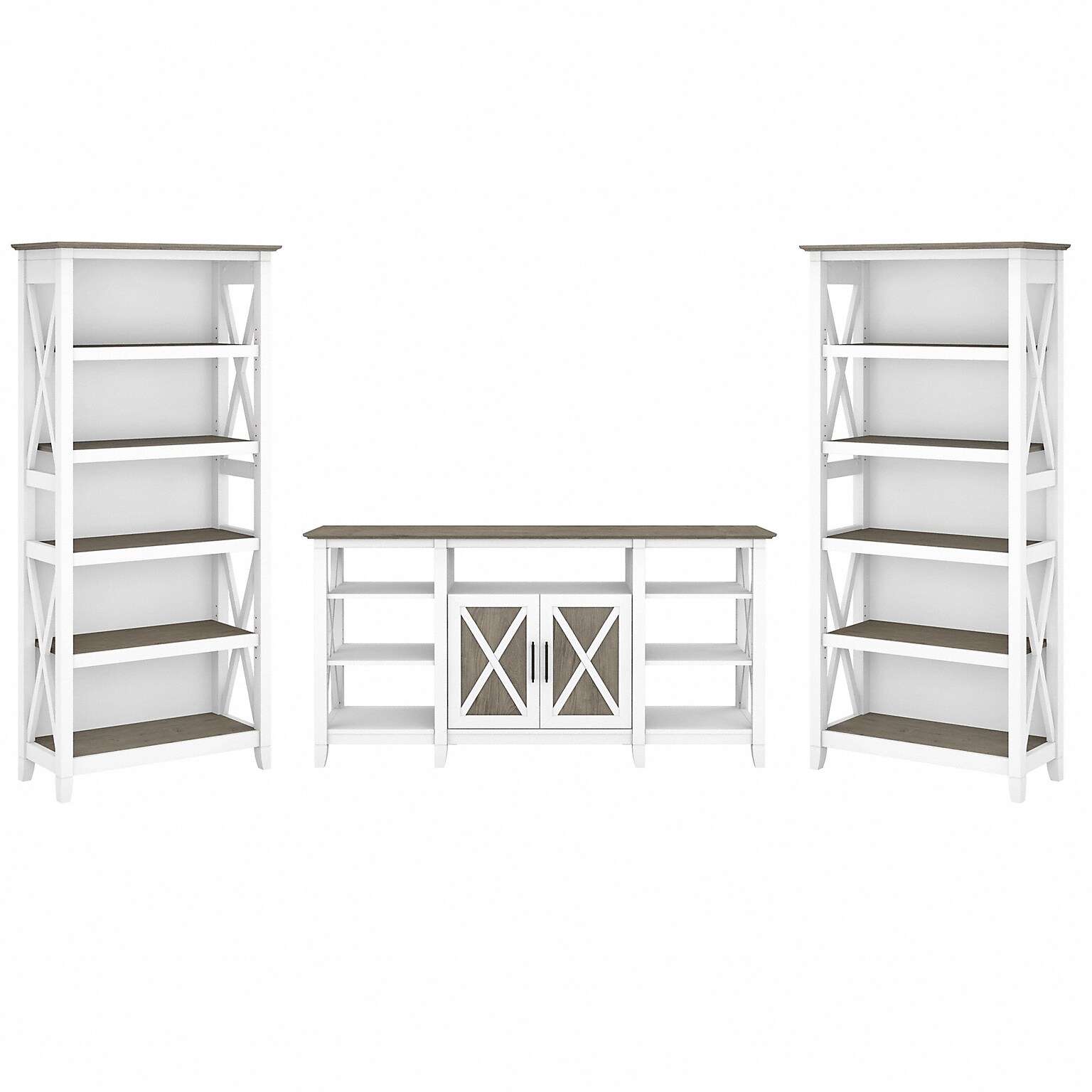 Bush Furniture Key West Tall TV Stand with Set of Two Bookcases, Shiplap Gray/Pure White, Screens up to 65 (KWS027G2W)