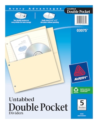 Avery Double Pocket Paper Dividers, Untabbed, Manila, 5 Dividers/Pack (03075)