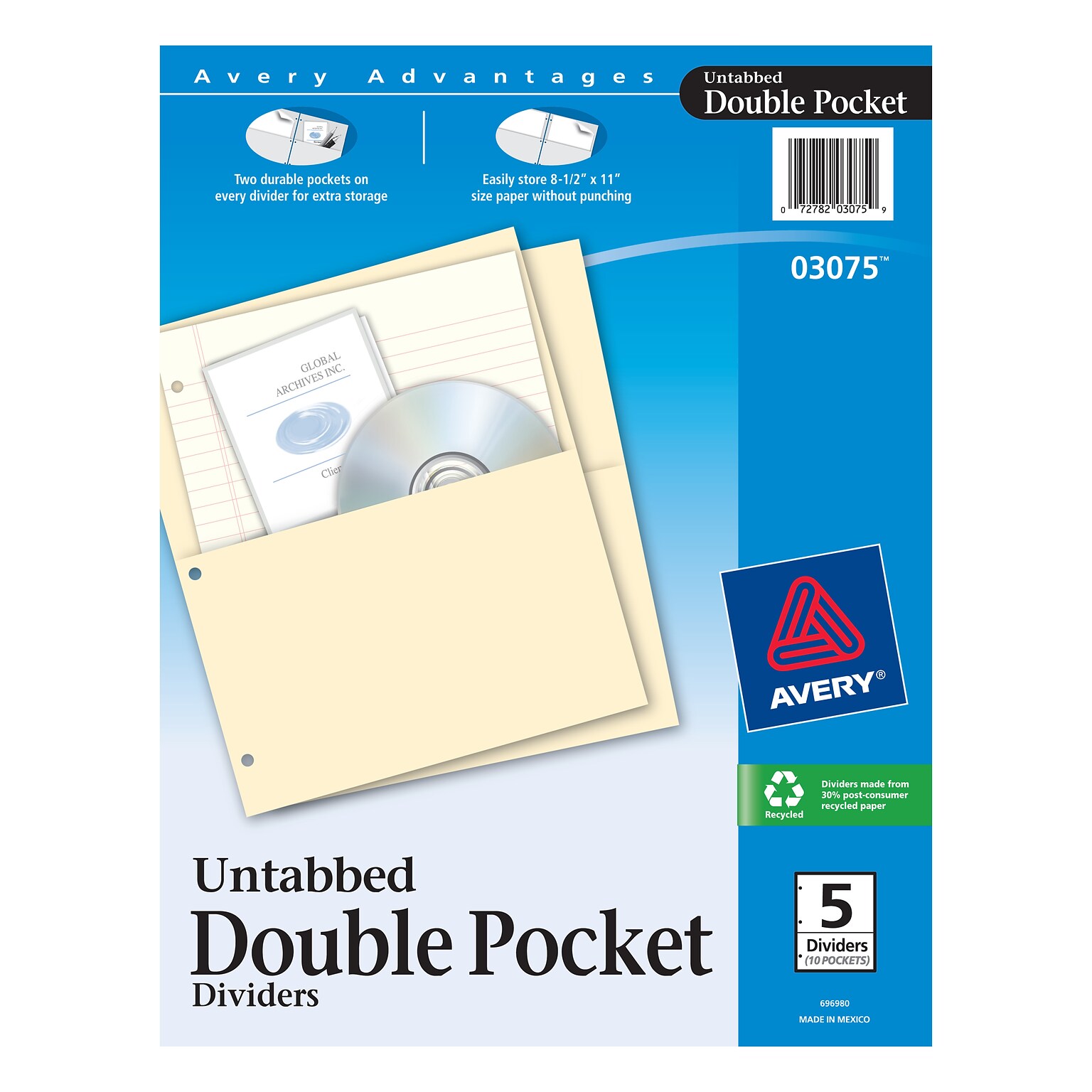 Avery Double Pocket Paper Dividers, Untabbed, Manila, 5 Dividers/Pack (03075)