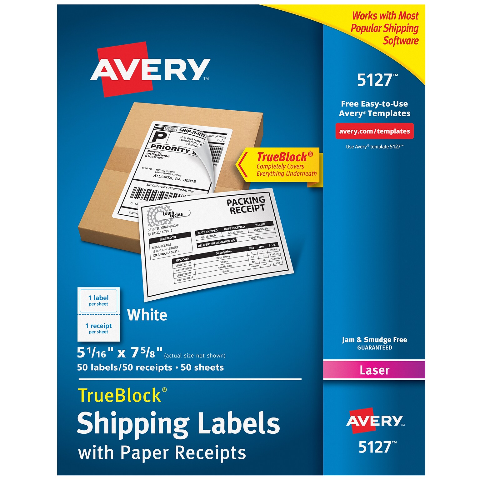 Avery TrueBlock Laser Shipping Labels with Receipts, 5-1/16 x 7-5/8, White, 1 Label/Sheet, 50 Sheets/Box (5127)