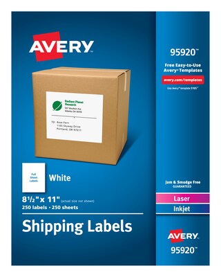 Avery Laser/Inkjet Shipping Labels, 8-1/2 x 11, White, 1 Labels/Sheet, 250 Sheets/Box, 250 Labels/