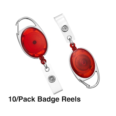 Staples Carabiner Name Badge Reels, 30 Retractable Cord Length, Metal, Red, 10/Pack (51914)