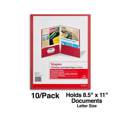 Staples® Two-Pocket Laminated Folders, Red, 10/Pack (13374-CC)