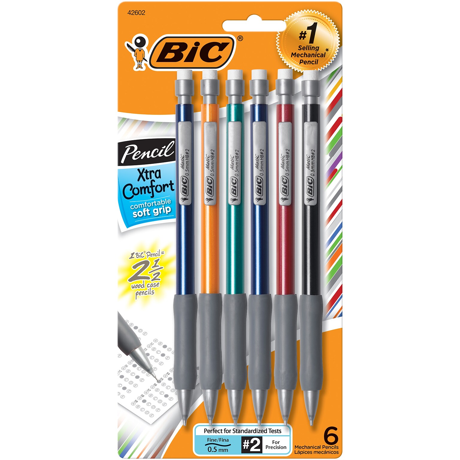 BIC Matic Grip Mechanical Pencil, 0.5mm, #2 Hard Lead, 6/Pack (42602)