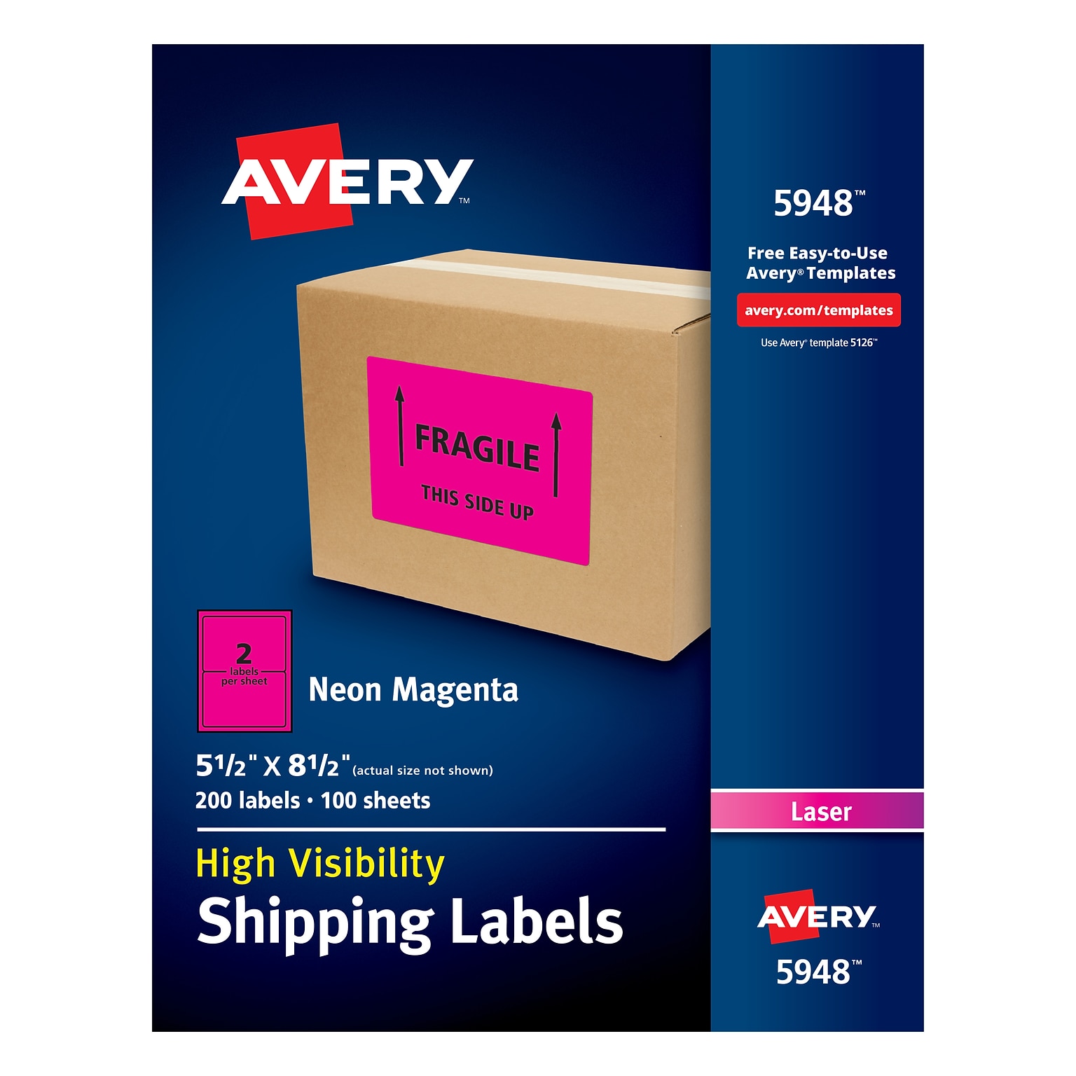 Avery Laser Shipping Labels, 5 1/2 x 8 1/2, Neon Pink, 2 Labels/Sheet, 100 Sheets/Box (5948)