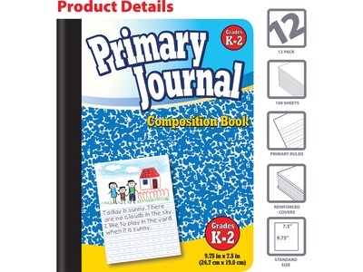 Better Office Primary Journal Composition Notebooks, 7.5" x 9.75", Primary, 100 Sheets, Blue, 12/Pack (25412-12PK)