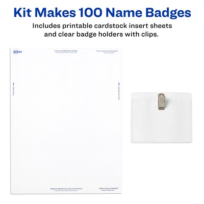 Avery Clip Style Laser/Inkjet Name Badge Kit, 2 1/4" x 3 1/2", Clear Holders with White Inserts, 100/Box (74461)