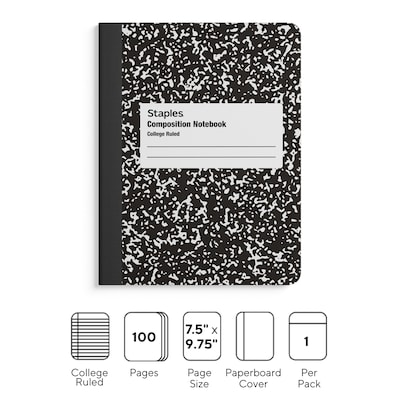 Staples® Composition Notebook, 7.5" x 9.75", College Ruled, 100 Sheets, Black (ST55064)